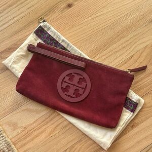 Vintage Tory Burch Charlie Burgundy Suede Clutch with Dust Bag
